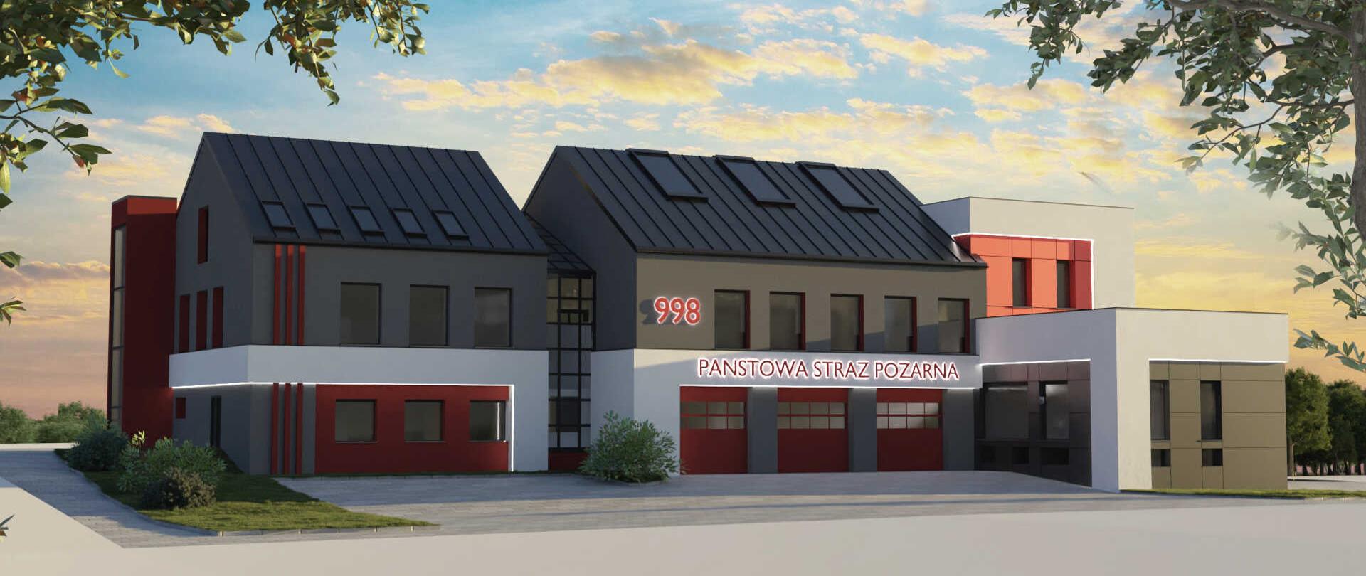 Projektowany budynek Komendy Państwowej Straży Pożarnej. Budynek dwukondygnacyjny, dach dwuspadowy. Budynek w odcieniach szarości i czerwieni.