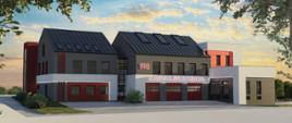 Projektowany budynek Komendy Państwowej Straży Pożarnej. Budynek dwukondygnacyjny, dach dwuspadowy. Budynek w odcieniach szarości i czerwieni.