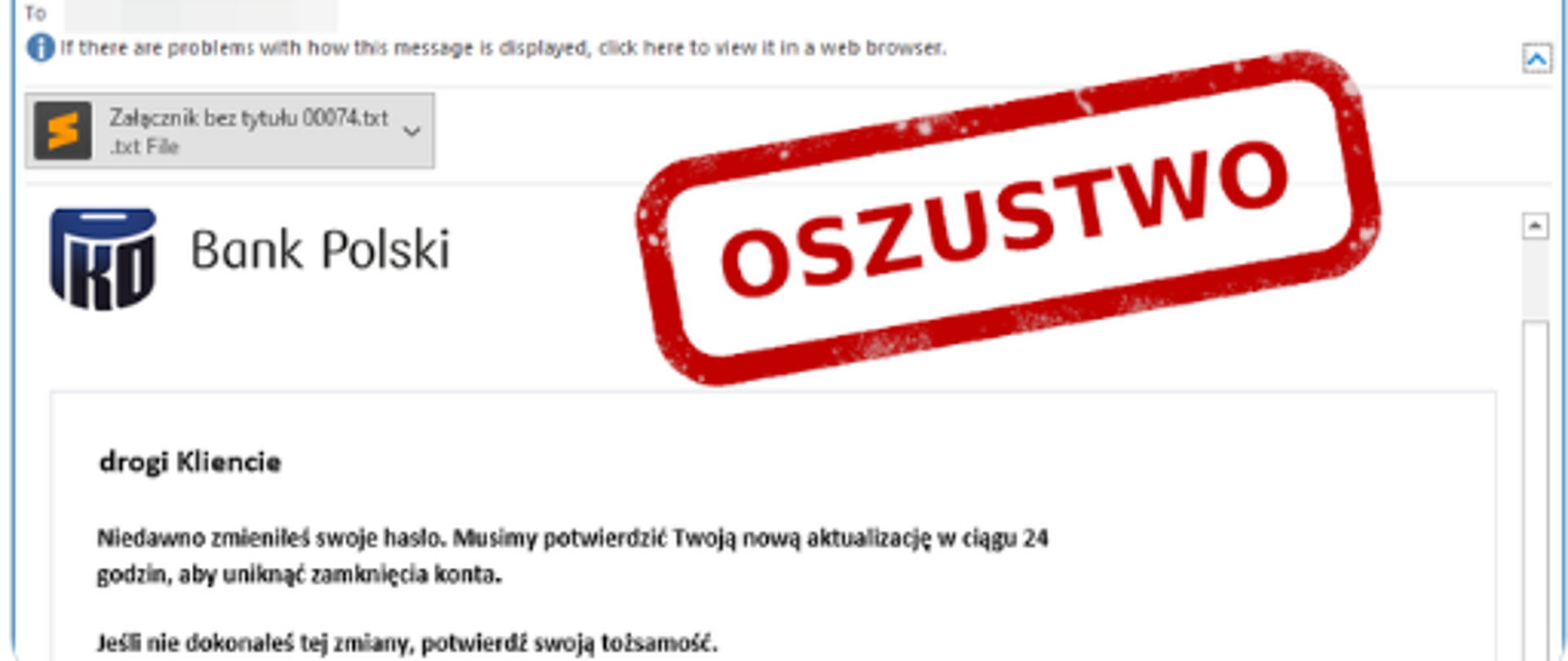 Zdjęcie pokazujące fałszywą wiadomość podszywającą się pod Bank PKO
