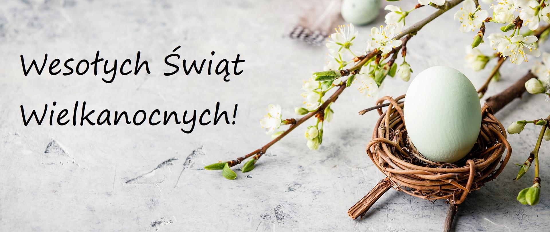 Zdjęcie z napisem Wesołych Świąt Wielkanocnych - napis czarnym kolorem umieszczono po lewej stronie ilustracji, po prawej umieszczone są gałązki jabłononi oraz jajeczk wielkanocne w małym ptasim gniazdku