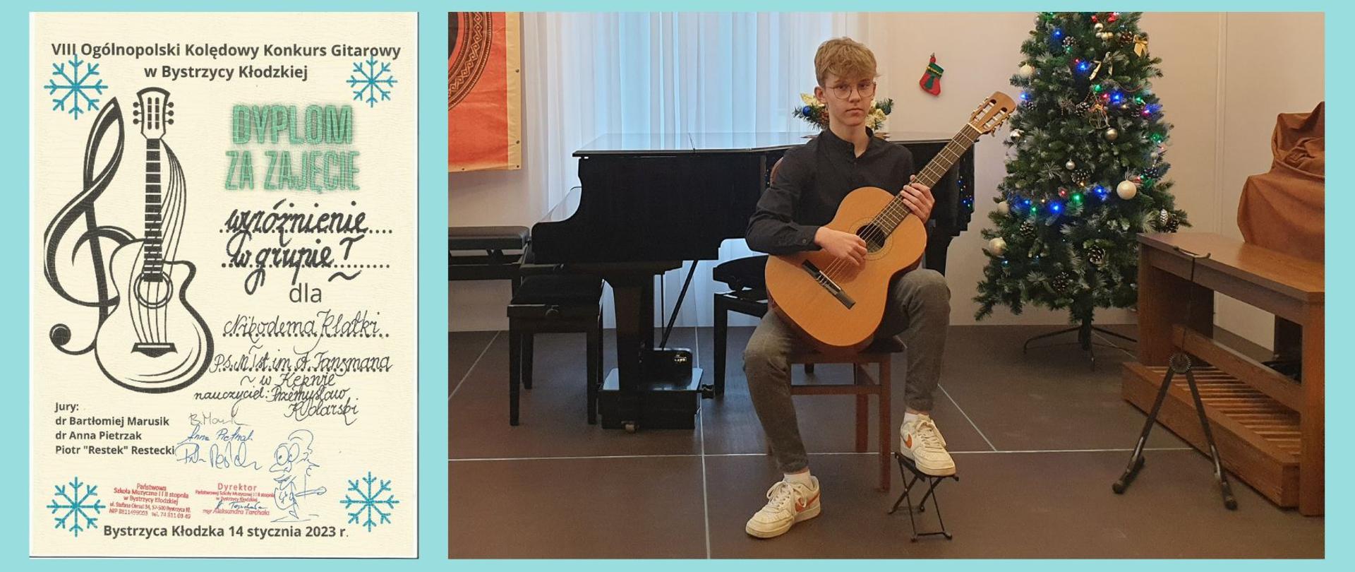 Projekt zawiera dyplom i zdjęcie. Dyplom posiada kremowe tło. W czterech rogach znajdują się niebieskie śnieżki. Na samej górze podana jest nazwa konkursu. Z lewej strony znajduje się grafika w czarnym kolorze przedstawiająca klucz wiolinowy i gitarę. Z prawej strony pod nazwą konkursu znajduje się szereg informacji, w tym imię i nazwisko ucznia oraz nauczyciela, nazwa szkoły, zdobyte osiągnięcie, jury, miejscowość i data konkursu oraz podpisy jurorów i pieczątki. Zdjęcie przedstawia ucznia siedzącego na scenie i trzymającego gitarę. Za uczniem stoi czarnym fortepian. W tle widać okno i firankę, do której przyczepiona jest świąteczna dekoracja. Z prawej strony stoi ubrana choinka, brązowa ława do organów i czarny stojak do gitary. 