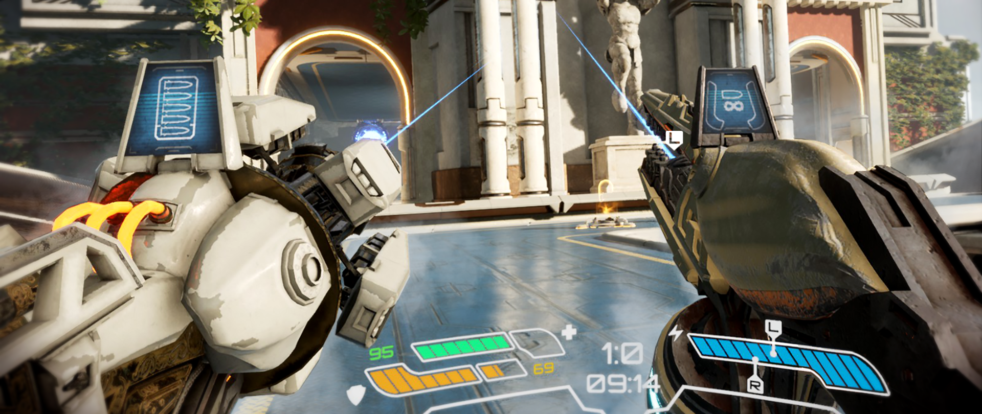 Zrzut ekranu z gry, która powstała dzięki zrealizowanemu projektowi. Zrzut ekranu obrazuje mechanizmy sterowania przez gracza oraz warstwę artystyczną zastosowaną w grze dedykowanej urządzeniom VR.