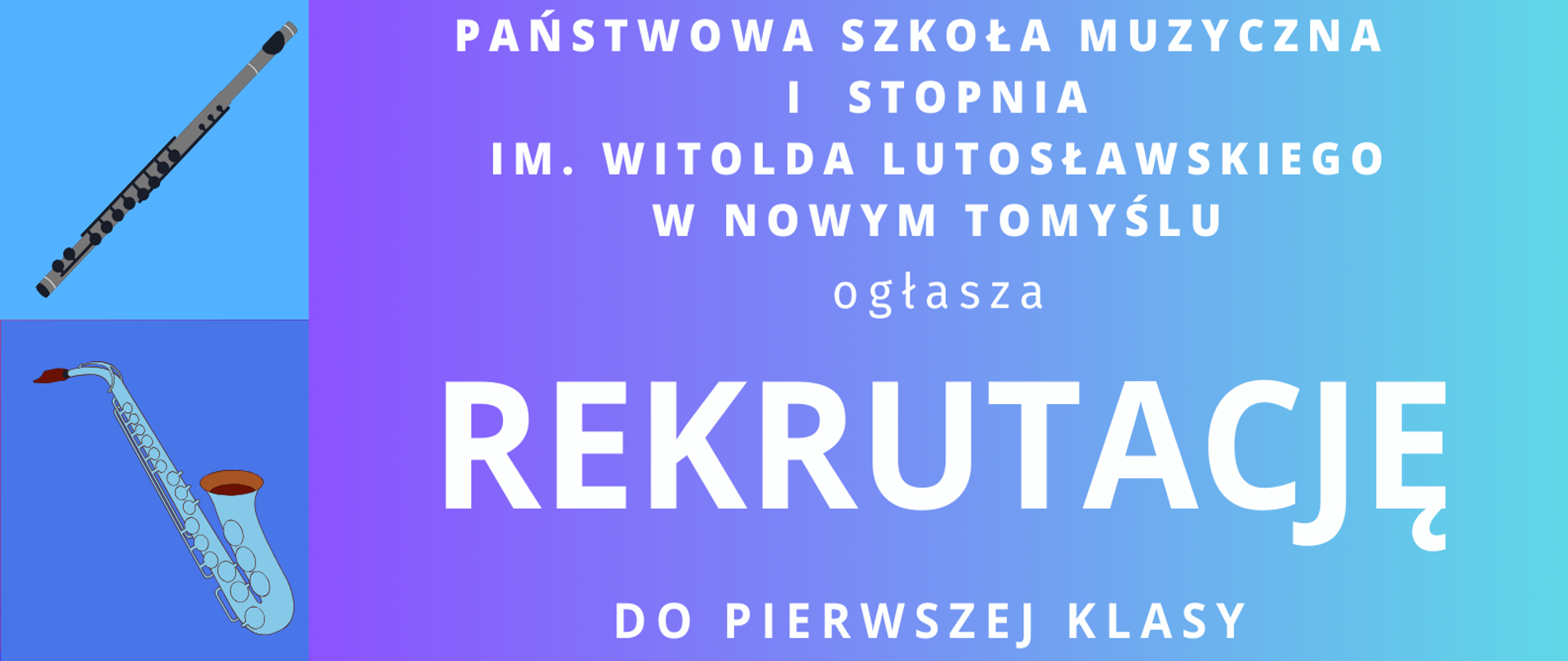 Plakat w wielu kolorach. W górnej jego części oraz z jego lewej strony, znajdują się kwadraty, a w nich pojedynczo przedstawione zostały grafiki z instrumentami, na których dzieci mogą pobierać naukę w PSM w Nowym Tomyślu. Pośrodku na gradientowym fioletowo-niebieskim tle znajduje się biały napis informujący o ogłoszeniu rekrutacji do klasy pierwszej na rok szkolny 2026/2027. Poniżej wpisane zostały instrumenty, na których dzieci mogą się uczyć grać. Pod tą informacją znajduje się kolejny wpis dot. terminów i godzin przesłuchań oraz miejsce przesłuchań wstępnych. W dolnej części plakatu znajduje numer telefonu do szkoły oraz adres internetowy szkoły. Z lewej strony na samym dole plakatu znajduje się okrągłe logo szkoły.