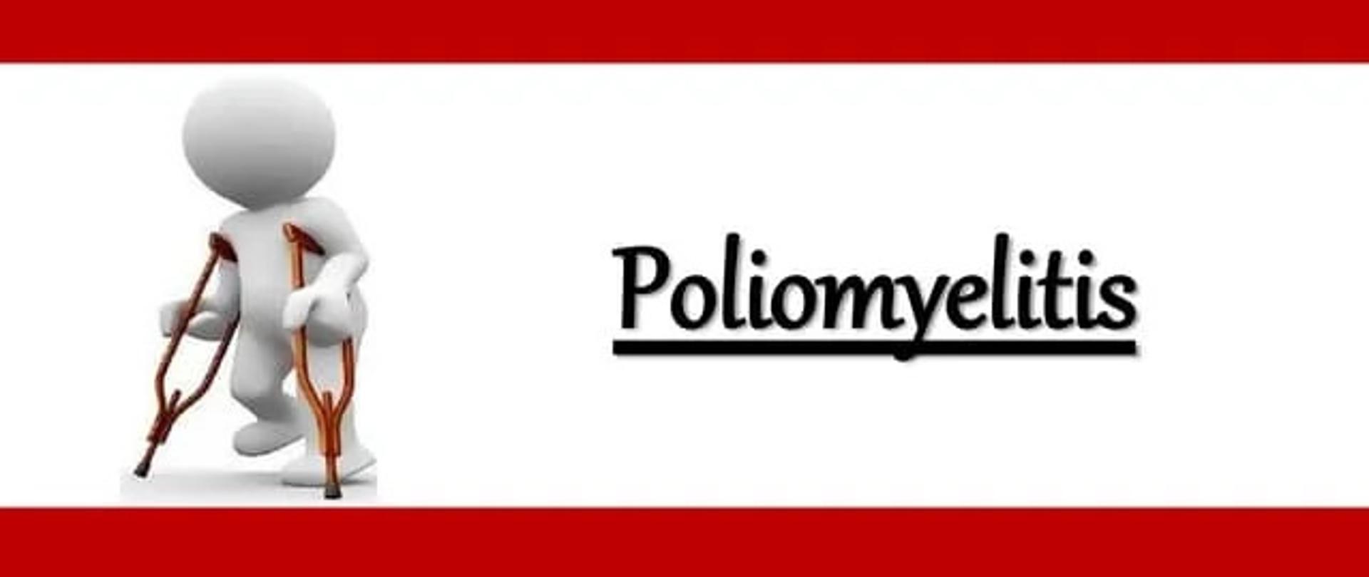 na planszy stylizowana figurka podpierająca się kulami i napis Poliomyelitis