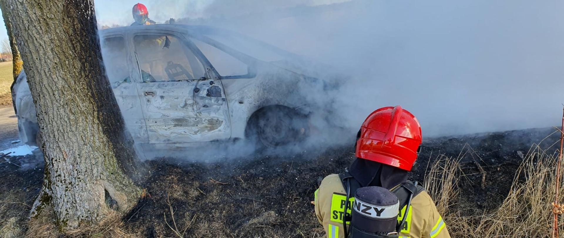 Zdjęcie przedstawia strażaka ubranego w piaskowe ubranie specjalne, czerwony hełm, oraz Aparat Ochrony Układu Oddechowego koloru czarnego. Strażak gasi pojazd osobowy. Z samochodu wydobywa się para zmieszana z dymem. Samochód doszczętnie spalony.