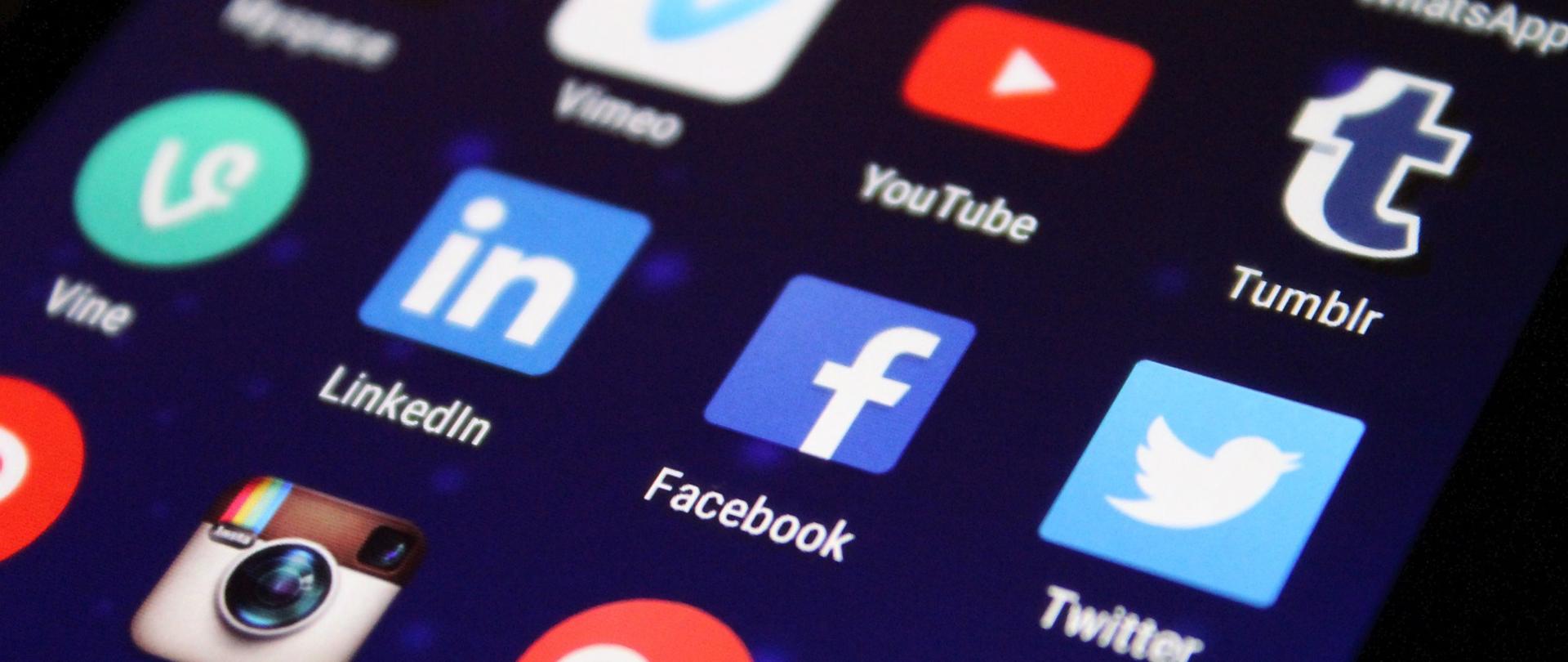 Ekran smartfona z ikonami portali społecznościowych. 
