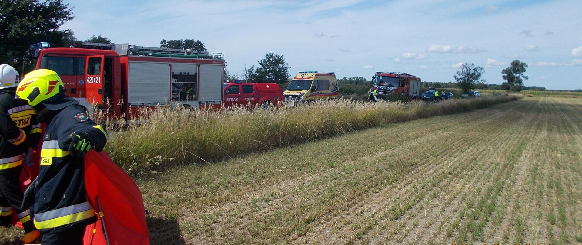 Na zdjęciu widać kolumnę służb ratunkowych, która została zadysponowana do zdarzenia. Samochody stoją na jezdni jeden za drugim