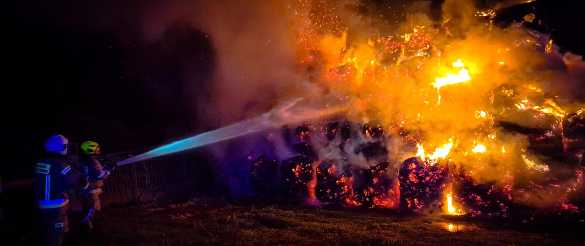 Baloty słomy objęte pożarem. Dwóch druhów podaje jeden prąd wody na palącą się słomę.