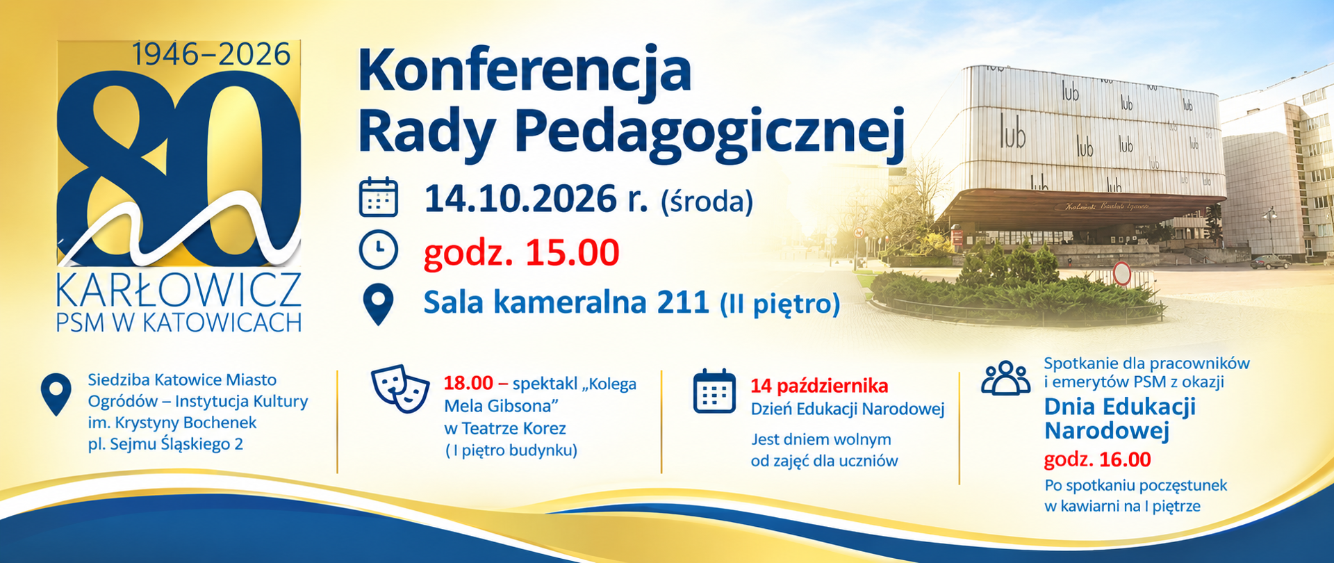 Baner informacyjny PSM im. Karłowicza w Katowicach z okazji 80-lecia szkoły. Zaproszenie na Konferencję Rady Pedagogicznej 14 października 2026 roku o godz. 15:00 w sali kameralnej 211, II piętro. Baner zawiera także informację o spotkaniu dla pracowników i emerytów PSM z okazji Dnia Edukacji Narodowej o godz. 16:00 oraz o spektaklu „Kolega Mela Gibsona” o godz. 18:00 w Teatrze Korez. W tle znajduje się zdjęcie Katowice Miasto Ogrodów – Instytucji Kultury im. Krystyny Bochenek.