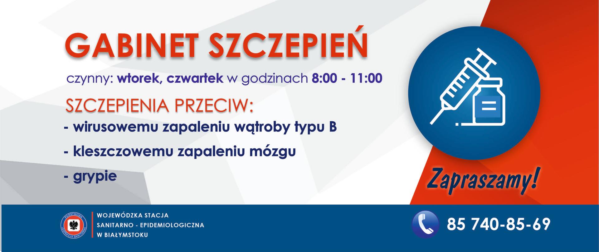 Na biało-niebiesko-czerwonej grafice znajduje się napis informujący o szczepieniach i godzinach przyjęć. 