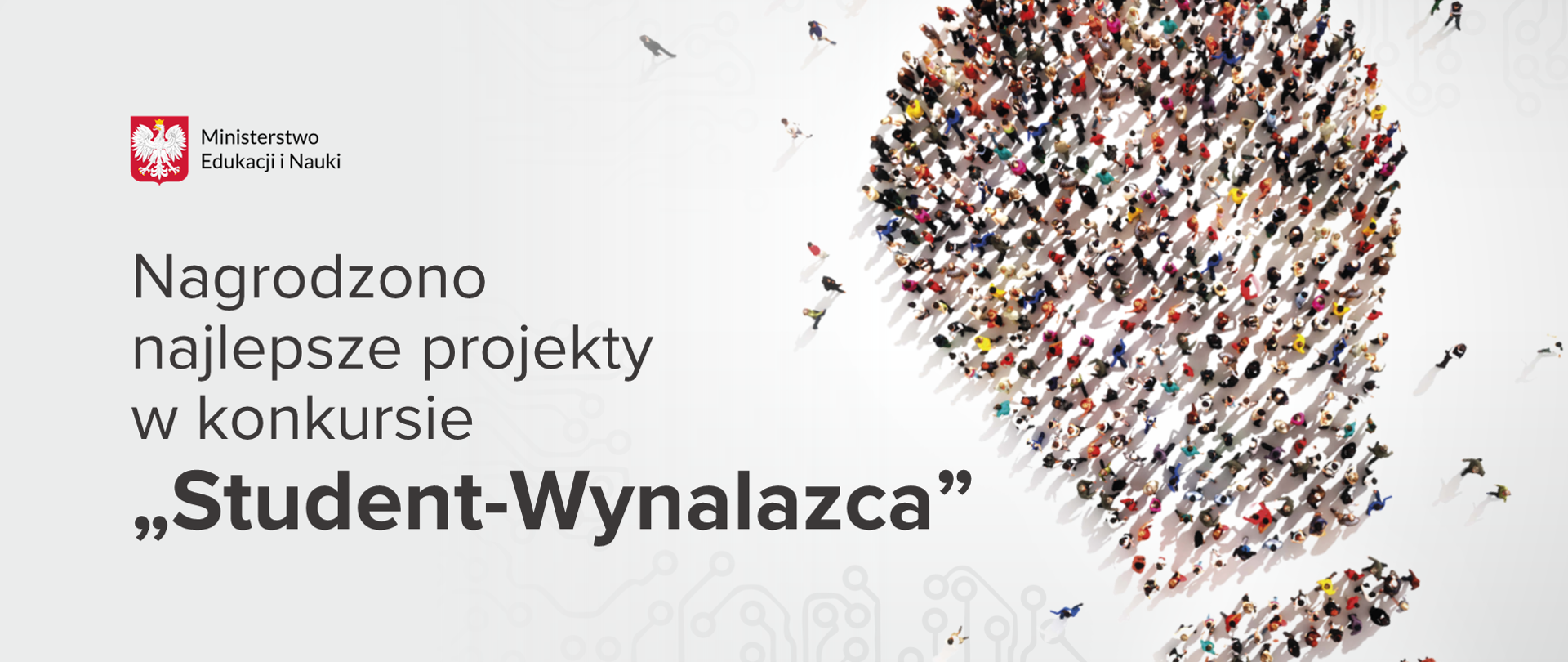 Po lewej stronie logotyp Ministerstwa Edukacji i Nauki oraz napis Nagrodzono najlepsze projekty w konkursie „Student-Wynalazca”. Po prawej żarówka, która składa się z malutkich ludzkich postaci. Wokół żarówki kilka punktów, którymi są malutkie ludzkie postaci. 