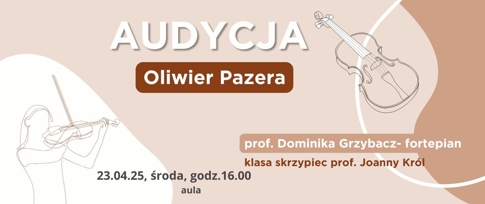 Audycja 23.04.2025 godz.16.00 kolory brązowe grafika dziewczyna grająca na skrzypcach