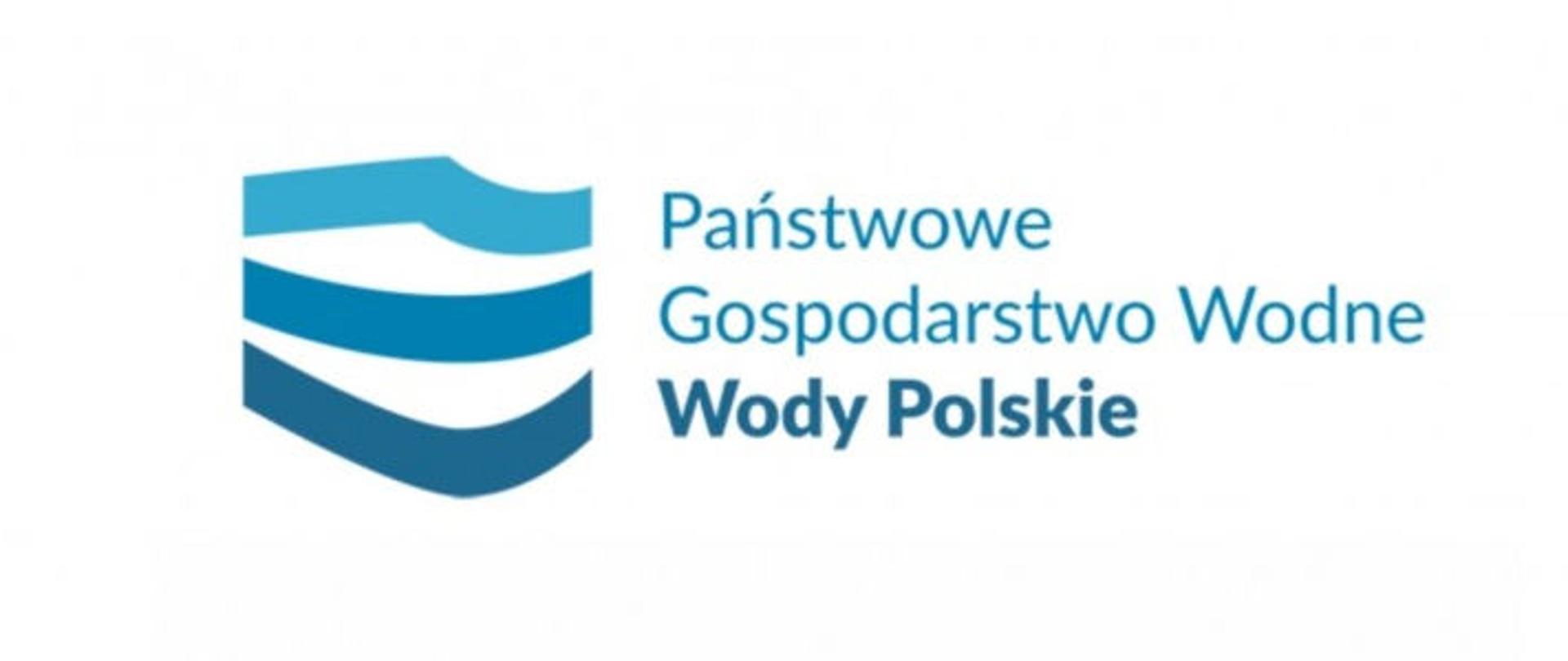 Logo obrazuje fale poprzez trzy nfalowane linie jedna pod druga oraz napis Państwowe Gospodarsto wodne Wody polskie