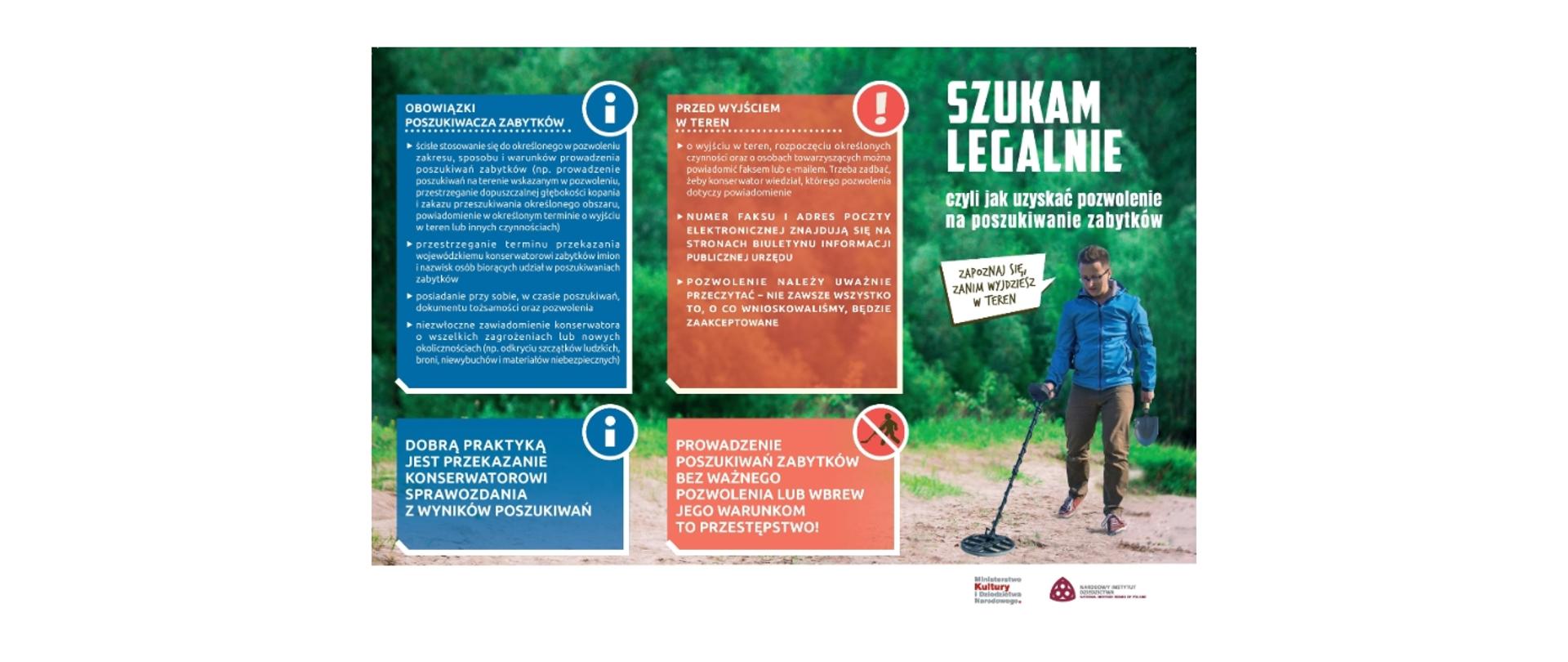 zdjęcie przedstawia mężczyznę, który w jednej ręce trzyma wykrywaczem metali a w drugiej łopatkę do kopania. Nad nim widnieje napis: szukam legalnie czyli jak uzyskać pozwolenie na poszukiwanie zabytków, zapoznaj się zanim wyjdziesz w teren.