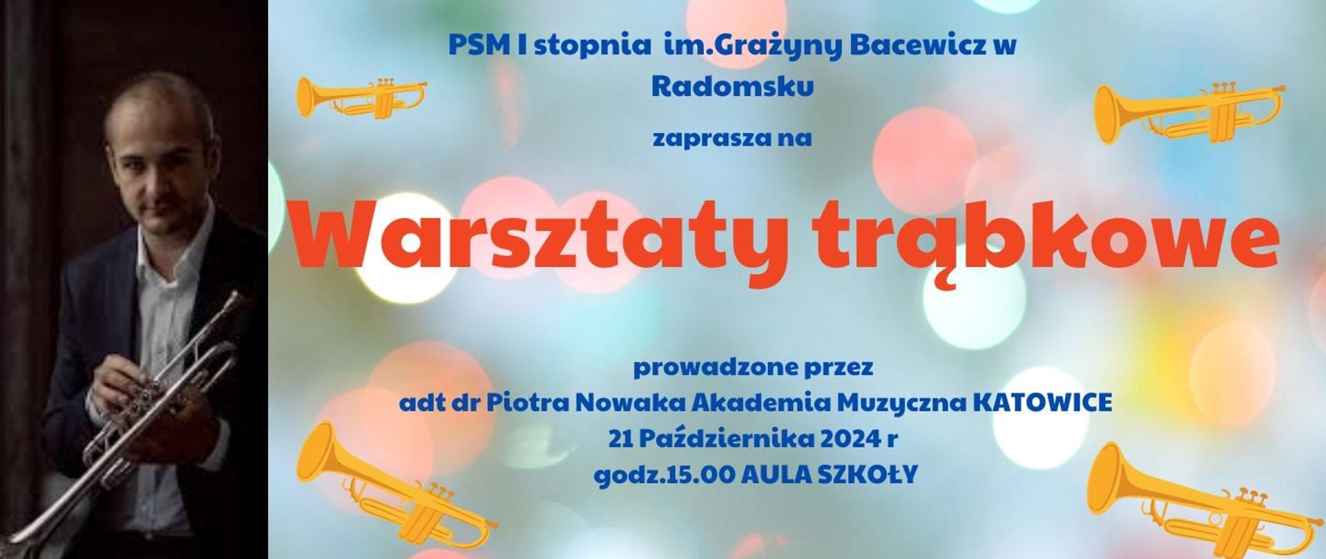 Na błękitnym tle znajdują się napisy informacyjne w kolorze niebieskim i czerwonym,grafiki kółek w kolorach różowym, białym oraz trąbek w kolorze żółtym.