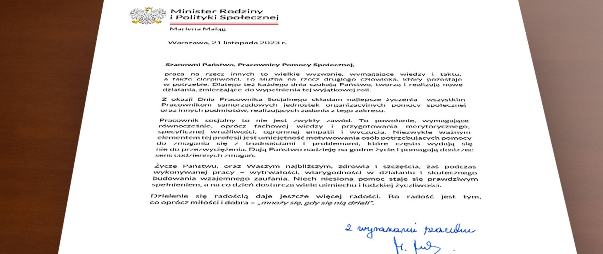 List Minister Marleny Maląg z okazji Dnia Pracownika Socjalnego