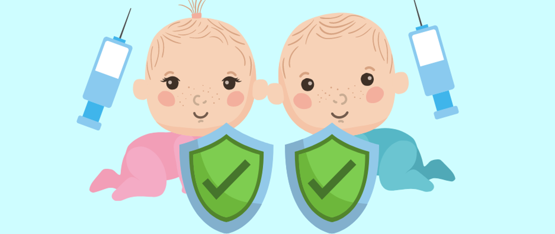 Niebieskie tło z napisem niebieskim 26 kwietnia - 2 maja, grafika dwoje małych dzieci 2 strzykawki oraz zielone tarcze chroniące dzieci z znakiem akceptacji. 
