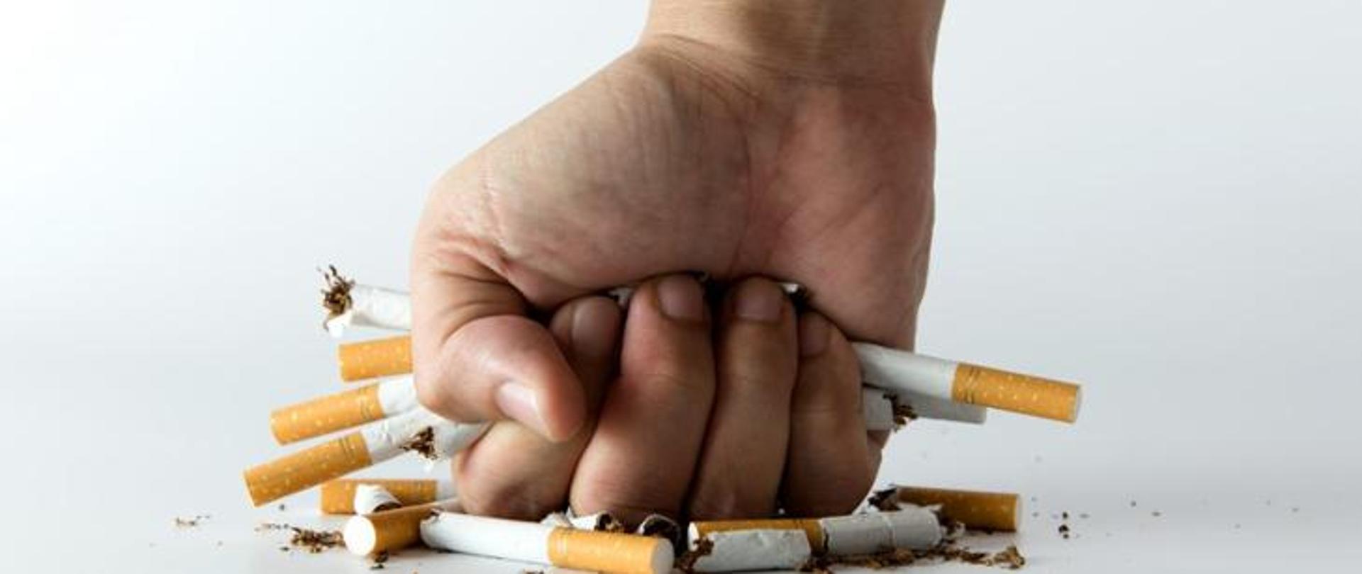 Zaciśnięta pięść uderzająca w papierosy leżące na białej powierzchni.