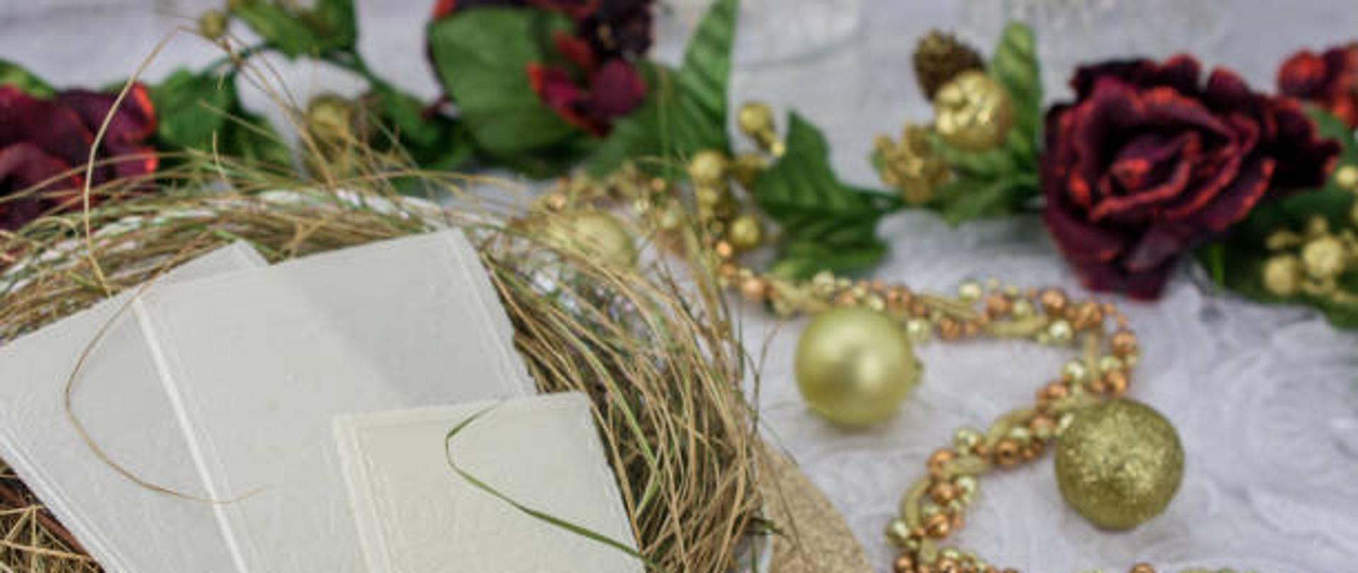 Traditional east european christmas eve wafer on plate with hay