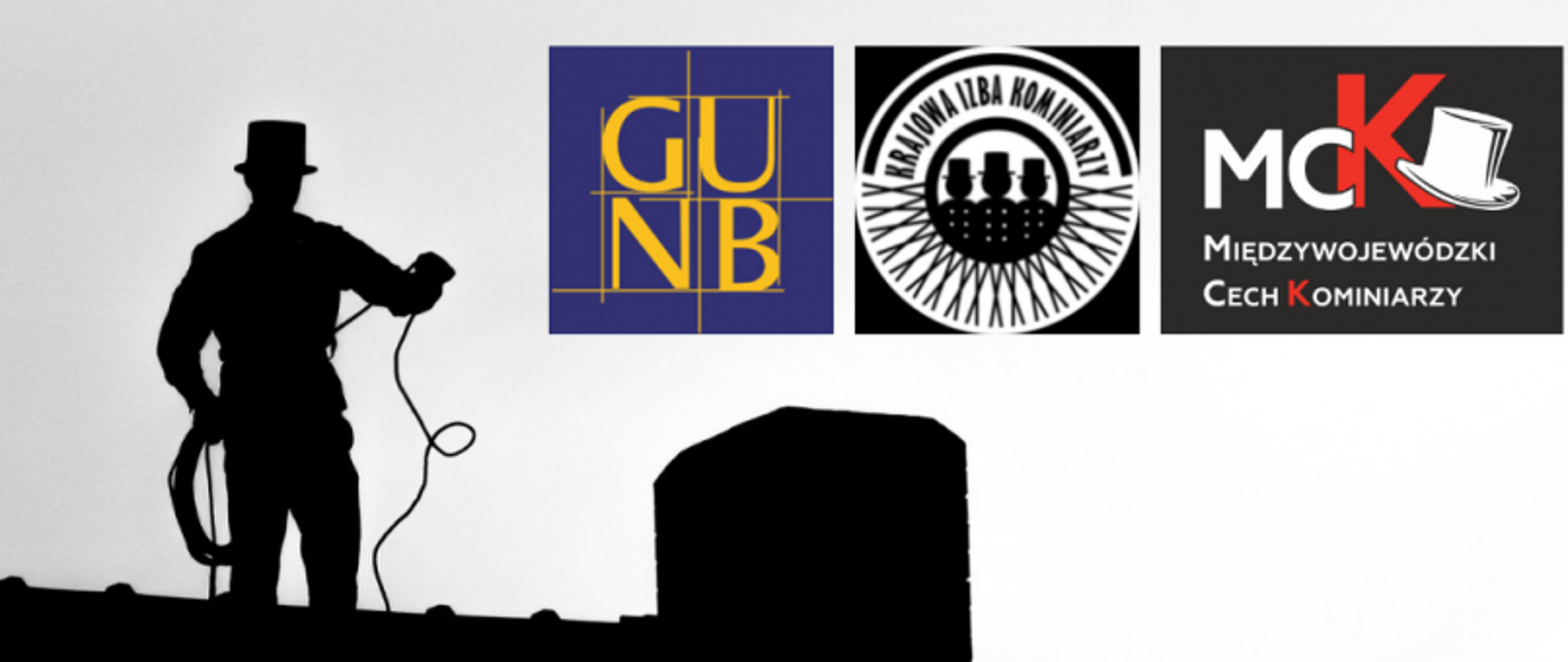 „Kominiarz na dachu z liną, obok logotypy GUNB, Krajowej Izby Kominiarzy i Międzywojewódzkiego Cechu Kominiarzy.”