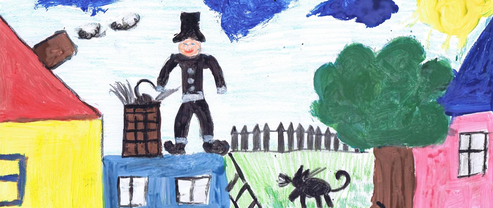 Zdjęcie przedstawia wykonany przez dziecko rysunek na którym kominiarz czyści przewód kominowy.