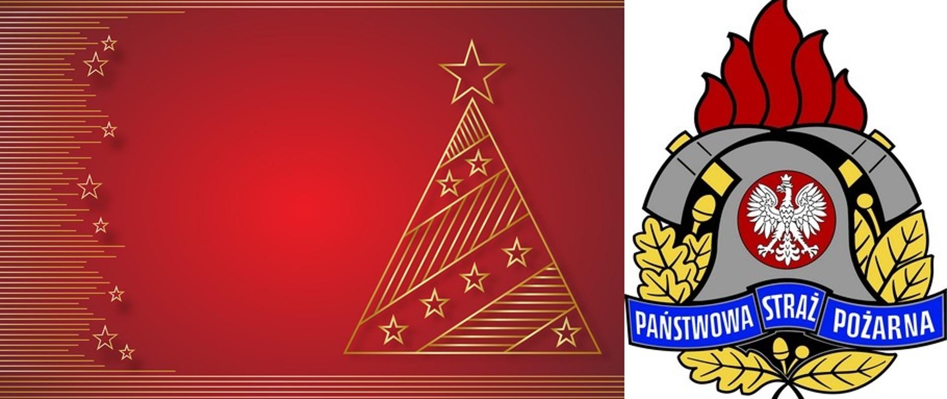 Zdjęcie przedstawia rysunkową choinkę na czerwonym tle. Obok logo Państwowej Straży Pożarnej