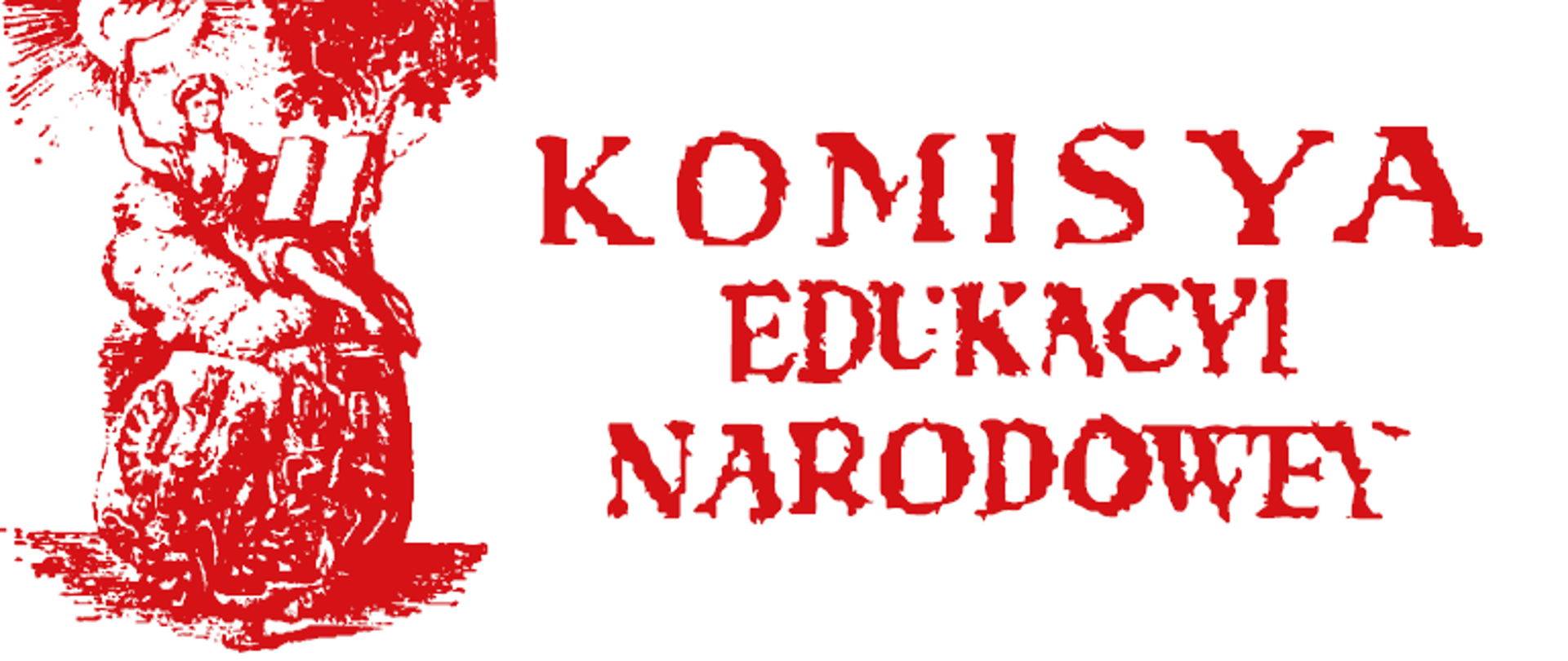Czerwona, stara grafika przedstawiająca kobietę siedzącą z księgą pod drzewem, pod nią herb z orłem w koronie. Tekst: KOMISYA EDUKACYI NARODOWEY