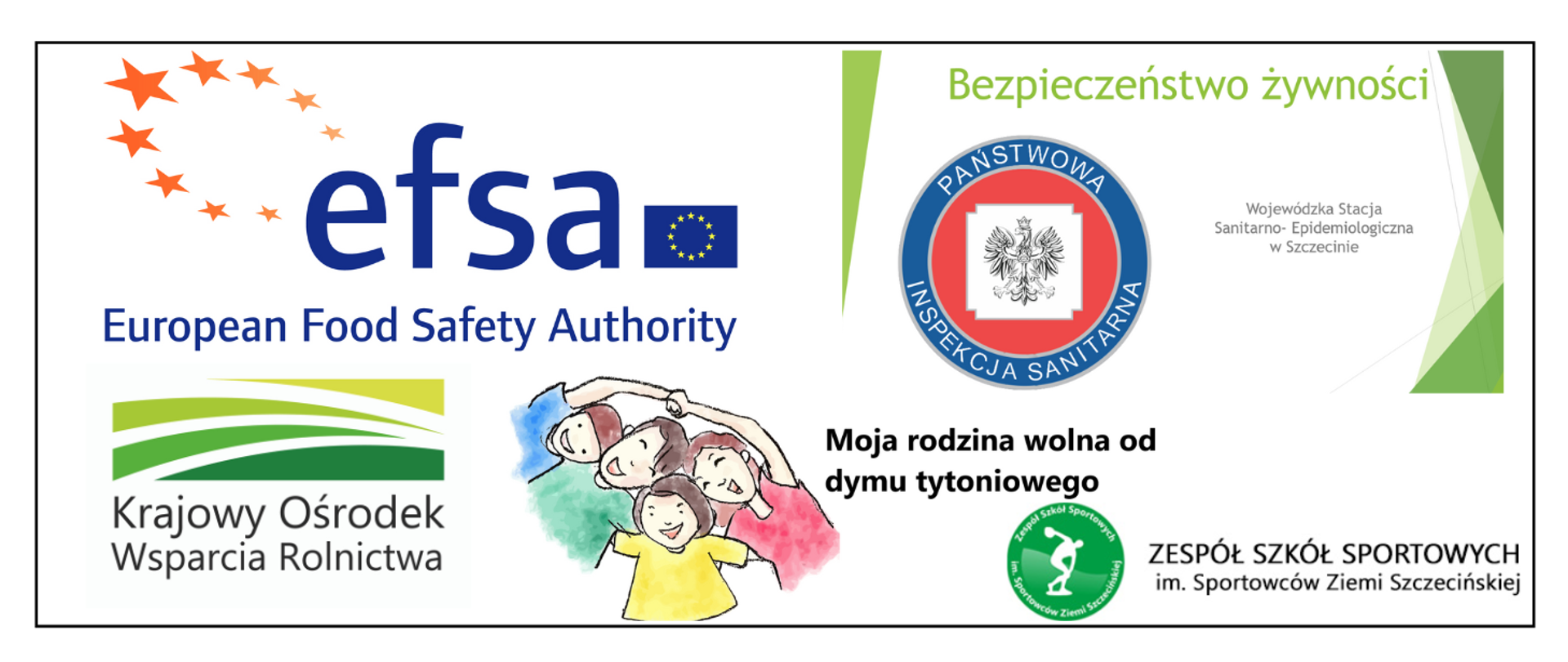 Grafika przedstawia logo EFSA, logo Państwowej Inspekcji Sanitarnej oraz logo KOWR i Zespołu Szkół Sportowych im. Sportowców Ziemi Szczecińskiej 