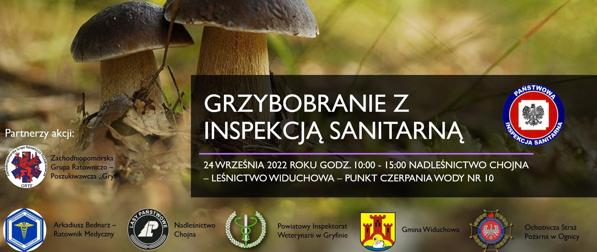 W tle zdjęcie borowików. Napis Grzybobranie z inspekcja Sanitarna oraz loga i nazwy partnerów Akcji