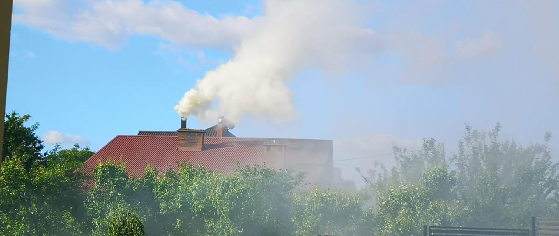 Budynek mieszkalny w ogrodzie z komina którego wydobywa się gęsty biały dym.