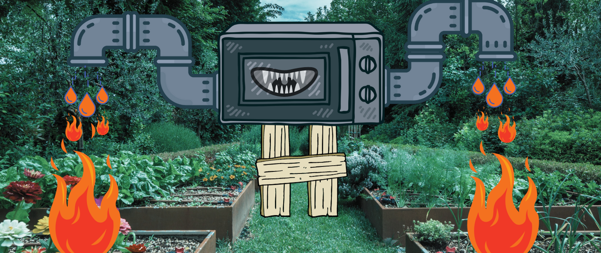 Grafika przedstawia mikrofalówkę-potwora polewającą ognistą wodą skrzynki z roślinami, które zaczynają płonąć.