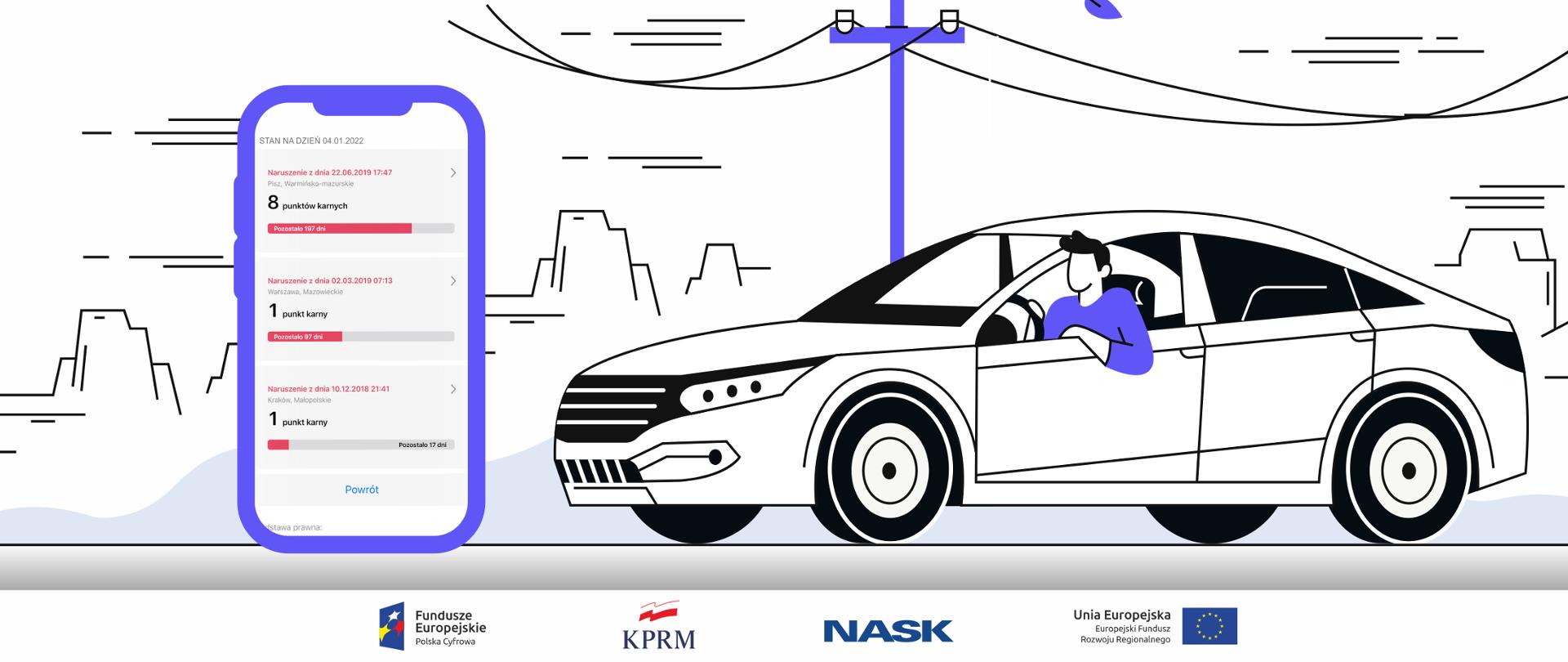 Grafika wektorowa. Po lewej stronie powiększony ekran smartfona, na którym widać punkty karne. Po prawej stronie mężczyzna w samochodzie.