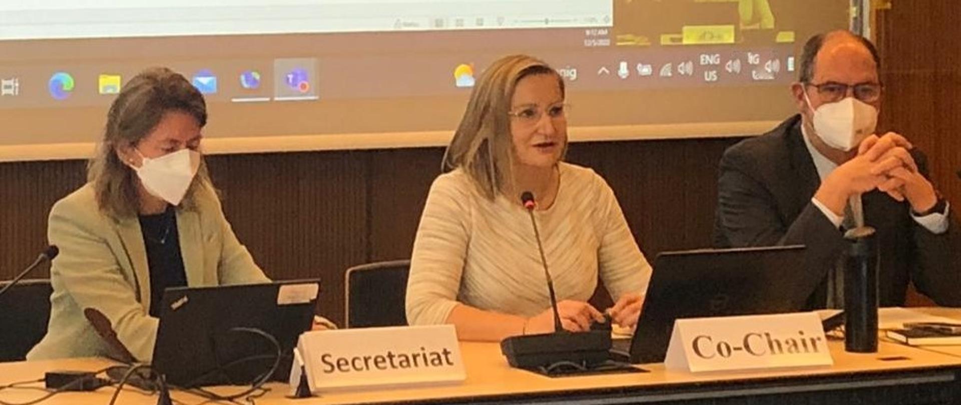 Dwie kobiety i mężczyzna siedzą przy stole. Za nimi znajduje się ekran, na który wyświetlana jest prezentacja.