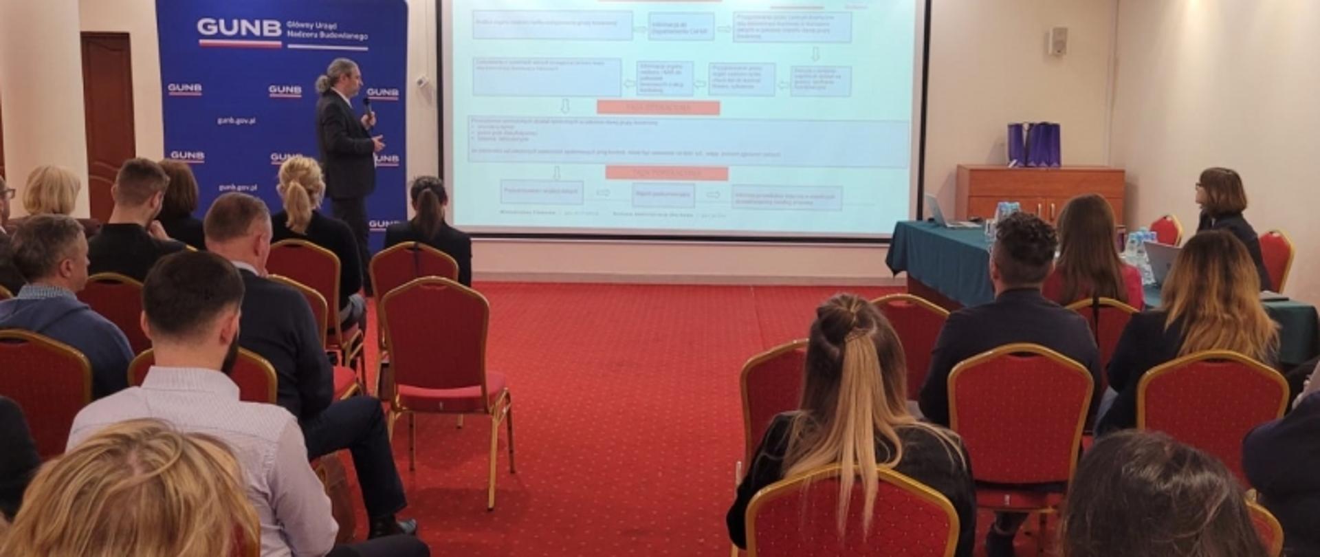 Osoba prezentująca diagram na ekranie w sali konferencyjnej GUNB; uczestnicy siedzą w rzędach czerwonych krzeseł.