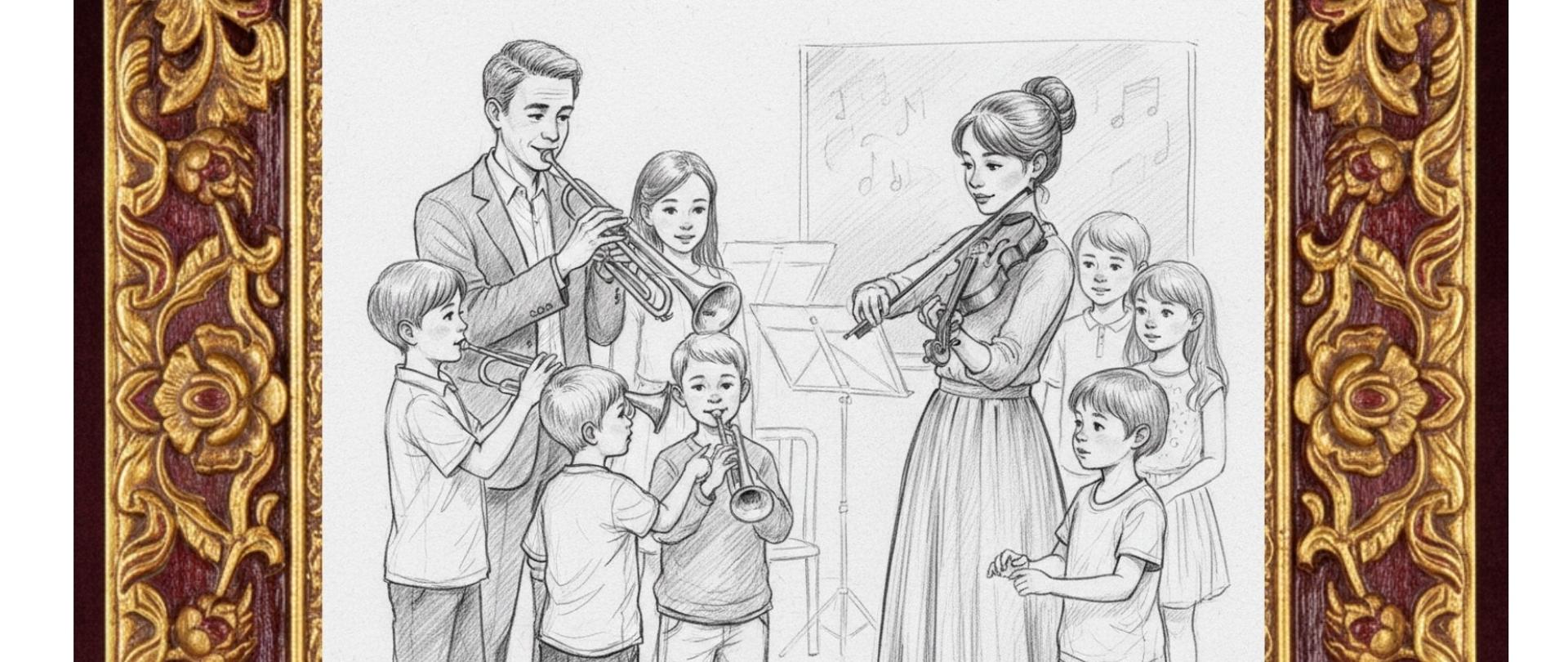 Plakat zapowiada koncert z okazji Dnia Edukacji Narodowej.
Na środku widnieje rysunek ołówkiem przedstawiający grupę dzieci i dorosłych muzyków. Po lewej stronie stoją chłopcy grający na trąbkach, obok nich dorosły mężczyzna również z trąbką. Po prawej stronie młoda kobieta gra na skrzypcach, a wokół niej kilkoro dzieci uważnie słucha muzyki. W tle widać stojak z nutami. Rysunek jest otoczony bogato zdobioną ramą w kolorach złota i bordo, przypominającą ramę obrazu.
Tekst na plakacie:
U góry: „Dyrekcja PSM I st. nr 2 w Kędzierzynie-Koźlu i Samorząd Uczniowski zapraszają na”.
Na dole, dużą czcionką: „KONCERT z okazji Dnia Edukacji Narodowej”.
Pod spodem: „16 X 2025 g. 17.00, sala koncertowa szkoły”.
Kolorystyka plakatu jest elegancka – dominuje biel, czerwień i złoto, co nadaje mu uroczysty i świąteczny charakter.