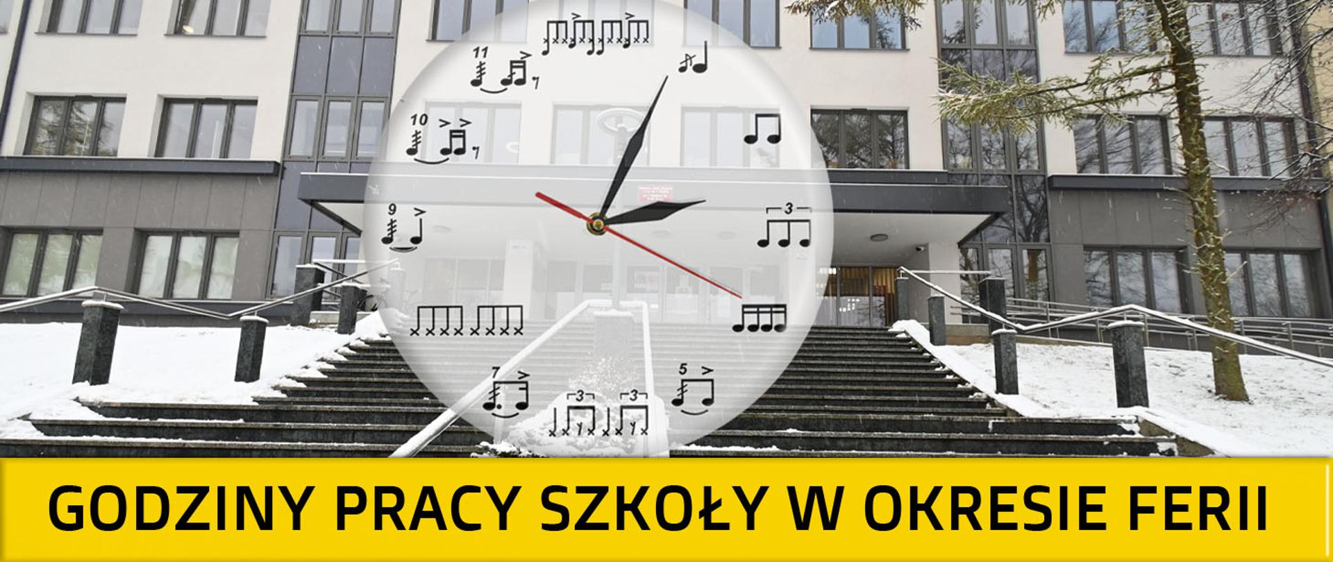 Grafika przedstawia wejście do PSM Olsztyn. Schody. Grafika zegara z nutami na cyferblacie