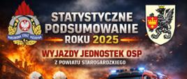 Sztucznie wygenerowany obrazek przedstawiający napis "statystyczne podsumowanie roku 2025, wyjazdy jednostek OSP powiatu starogardzkiego z logo PSP i powiatu na tle ogromnego pożaru, widać strażaków od tyłu i pojazd ratowniczy