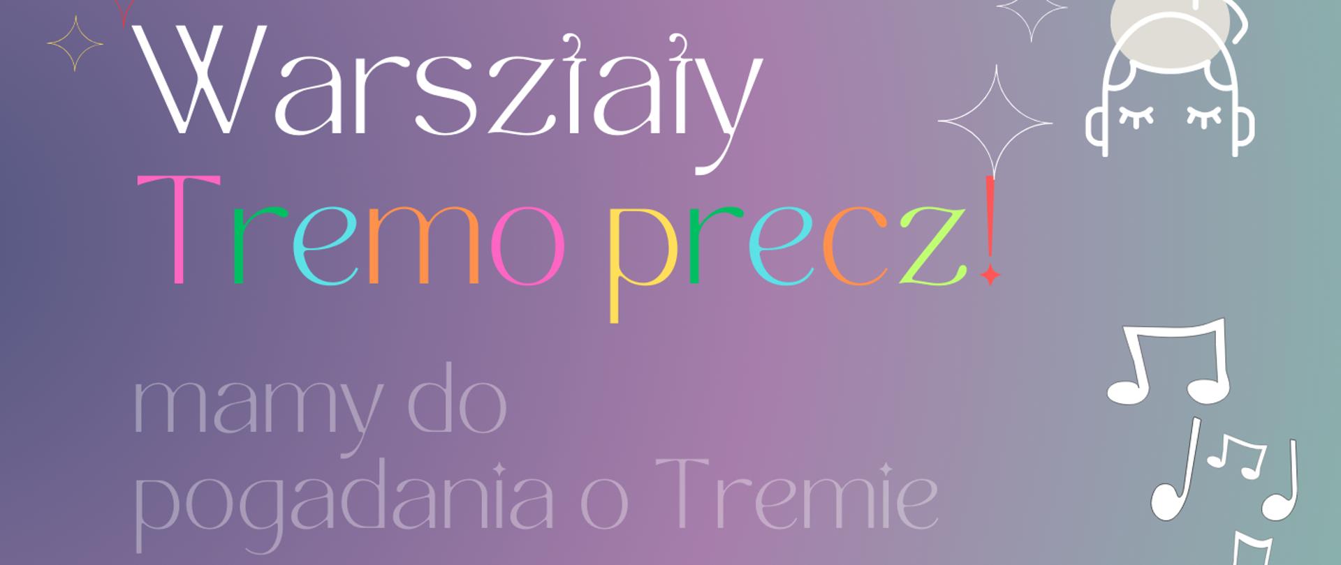 Plakat z informacjami na temat warsztatów na niebiesko fioletowym tle i zdjęciem nauczyciela prowadzącego rozmowę z dziećmi w prawym dolnym rogu
