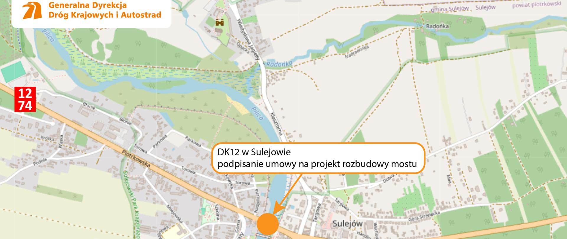 Mapa - most w Sulejowie na DK12