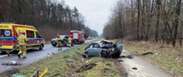 Mocno uszkodzony samochód osobowy stoi na poboczu. Obok na jezdni widoczne samochody ratownicze oraz strażacy.
