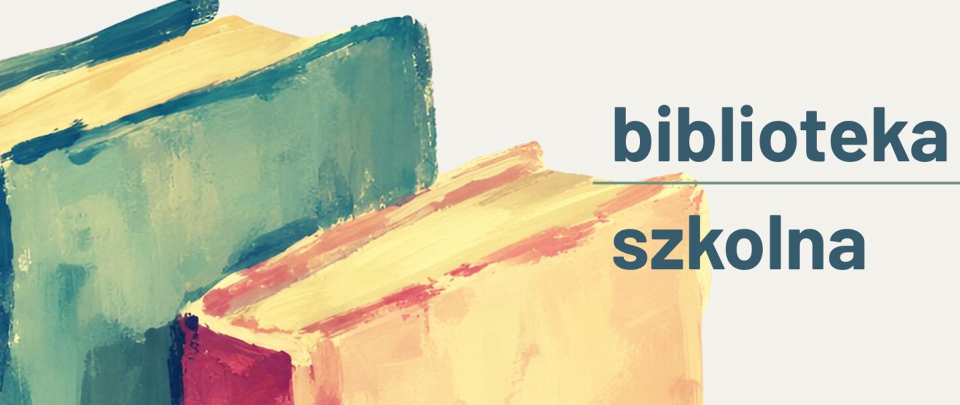 Baner biblioteki szkolnej z kolorową grafiką dwóch tomów książek, napis zielony