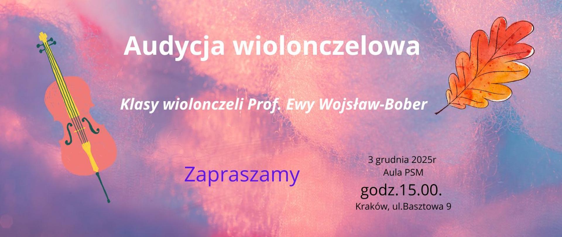 Audycja wiolonczelowa 3.12.2025 godz.15.00 kolorowy plakat w tonacji fioletowej grafika wiolonczela i lisć
