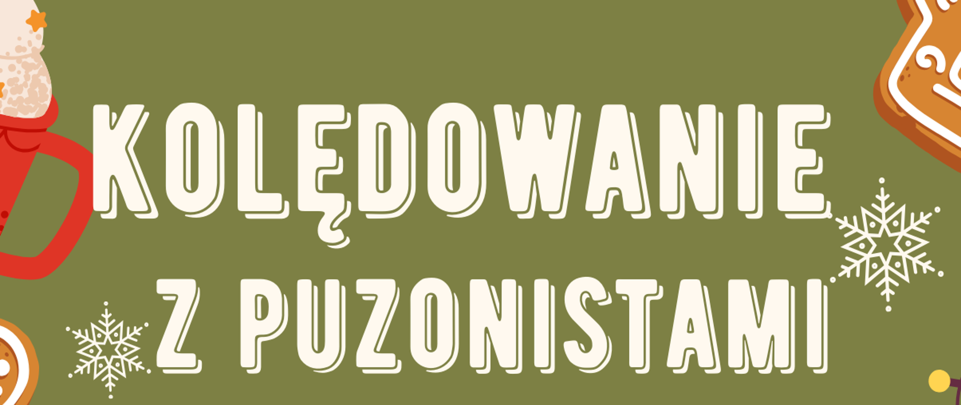 Plakat ma charakter świątecznym. Grafika plakatu to świąteczne gadżety takie jak: pierniczki w kształcie gwiazdki, laski, domku, piernikowego ludzika. Na plakacie znajdują się również: skarpeta świąteczna, prezent, domek z ośnieżonym dachem, sweter w świąteczne wzory, kubek z gorącą czekoladą, kolorowe lampki oraz śnieżynki. Na plakacie znajdują się następujące informacje: Od góry plakatu popis klasy puzonu, następnie logo szkoły, kolejno uczniów mgr Michała Sinkowskiego. Następnie pełna nazwa wydarzenia: Kolędowanie z Puzonistami. Dalej miejsce i data audycji. Sala koncertowa, 16 grudnia 2024, godzina 18.00 zapraszamy serdecznie