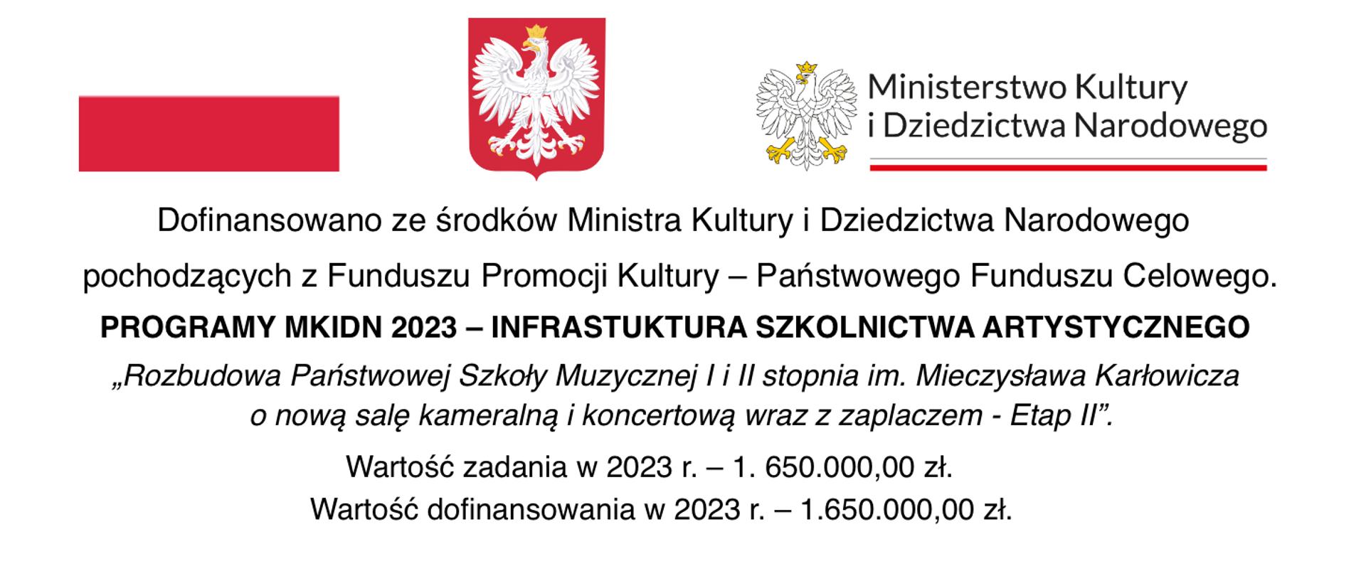 Grafika przedstawiająca dofinansowanie z programu Ministra Kultury i Dziedzictwa Narodowego. Czarny tekst dofinansowania na białym tle, u góry flaga i godło narodowe oraz logo Ministerstwa Kultury i dziedzictwa Narodowego.