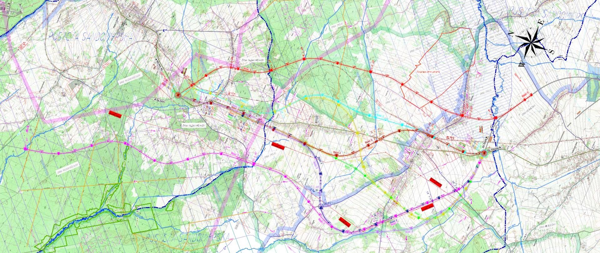 Zdjęcie przedstawia mapę z zaznaczonymi miejscowościami i różnymi wariantami przebiegu nowej drogi krajowej nr 9