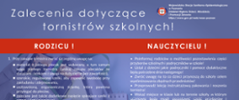 Infografika na granatowym tle, otwarty plecak z przyborami szkolnymi. Zalecenia dotyczące tornistrów szkolnych skierowane do rodziców, nauczycieli i dyrektorów placówek. Rodzic przy zakupie plecaka powinien zwrócić uwagę na materiał z jakiego jest wykonany plecak, czy plecak ma szerokie szelki, usztywnianą ściankę oraz szelki oraz na bieżąco kontrolować m.in. zawartość plecaka i równomierne rozłożenie ciężaru. Nauczyciel powinien poinformować o możliwości pozostawienia części podręczników i przyborów szkolnych w szkole, a także wskazać to miejsce, ustalić jakie przybory i podręczniki są potrzebne każdego dnia, przeprowadzić instruktaż pakowania i noszenia tornistra. Dyrektor winien zadbać o możliwość pozostawienia części podręczników i przyborów szkolnych w szkole, a także równomierne obciążenie zajęciami lekcyjnymi w poszczególnych dniach tygodnia. Waga tornistra nie powinna przekraczać 10-15% masy ciała dziecka.
