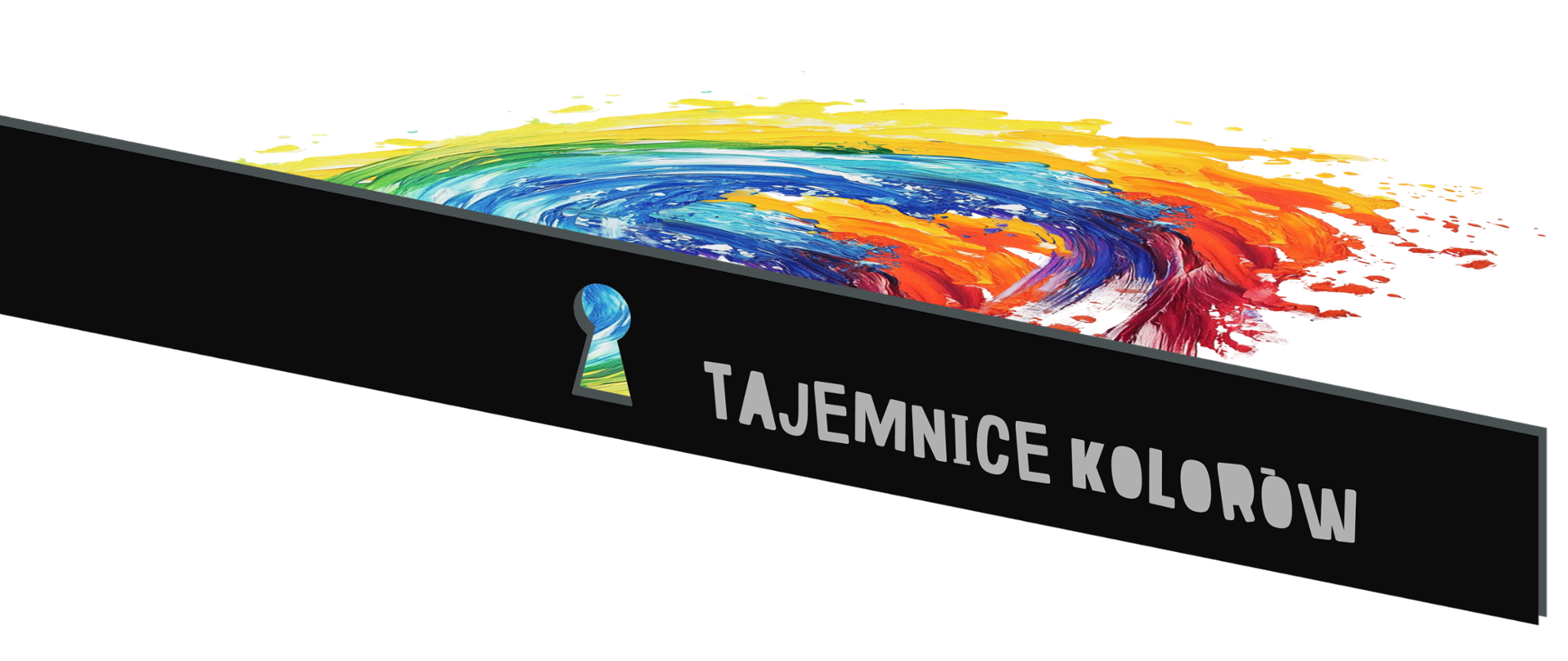 plakat, długa czarna ściana z dziurką na klucz przez którą widać wirujące po drugiej stronie ściany kolory. na ścianie po prawej stronie dziurki napis - tajemnice kolorów