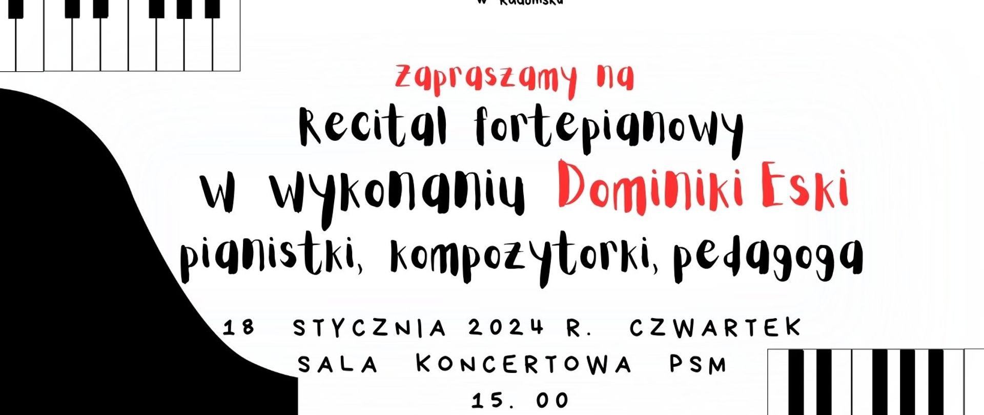 Na białym tle znajdują się napisy informacyjne w kolorach czarnym i czerwonym oraz grafiki klawiatury, fortepianu w kolorze białym, czarnym.