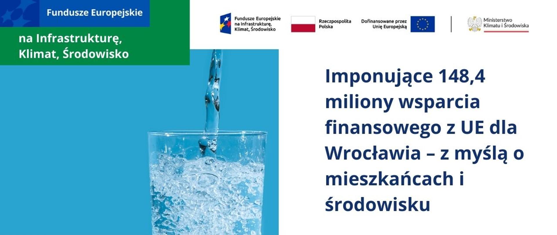 Szklanka napełniana wodą. Na grafice tekst o unijnym wsparciu dla Wrocławia w ramach Funduszy Europejskich na Infrastrukturę, Klimat i Środowisko.