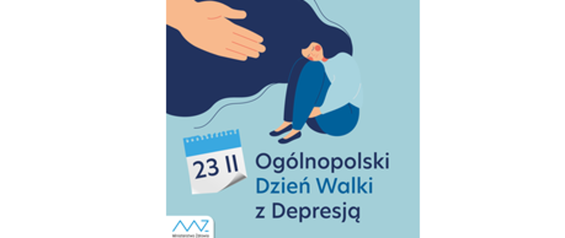 Na błękitnym tle wyciągnięta otwarta dłoń, skierowana do kobiety.